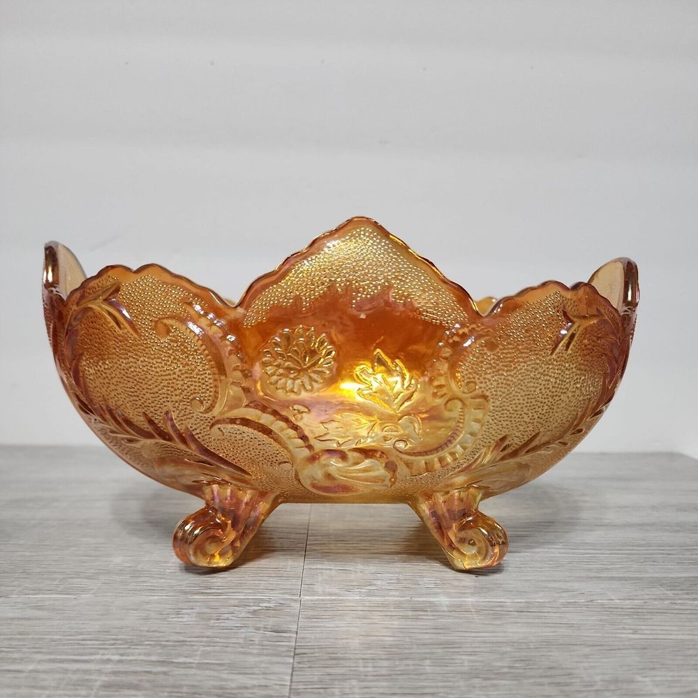 Vintage Indiana Marigold Footed Carnival Glass‎ Oval Bowl Compote Scalloped Edge
